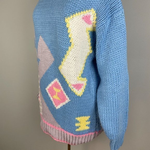 Vintage 90s Exclusive Imports Pastel Blue Gray Pink Abstract Sweater Medium - Picture 4 of 7